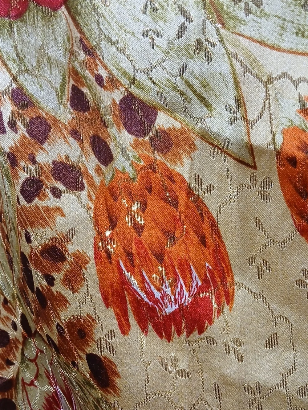 Womens Floral Silk Scarf Metallic Gold 34 Inch Square Orange Red